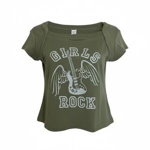 Girls Rock Olive Green Graphic T-Shirt Guitar Wings Tee XS/S Kids L Made USA